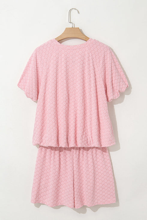 Sweet Daisy Jacquard Textured Knit Short Sleeve Top And Matching Shorts Set